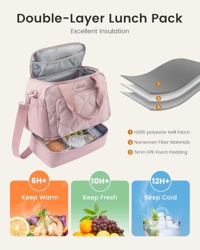 Insulated Lunch Bags for Women, Double Deck Pink Lunch Box