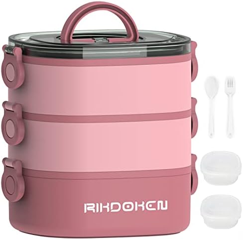 Lunch Box, Stackable 3 Layers Containers, Portable 94OZ Large Capacity Leakproof Bento Box with Spoon & Fork & Sauce Boxes, Microwave Safe Lunch Box for Kids and Adults