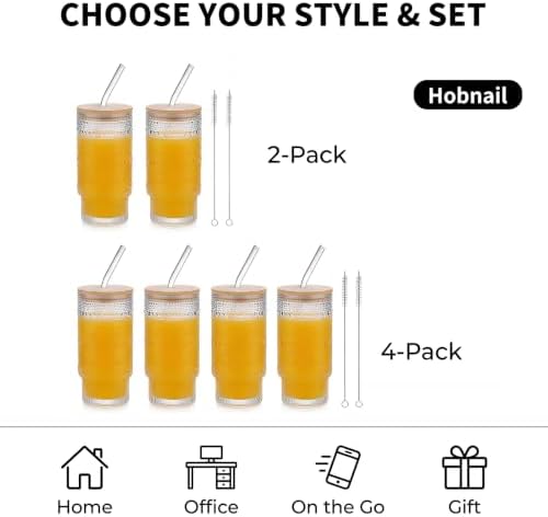 Glass Cups with Lids and Straws, 2 Pack 16 oz Hobnail Iced Coffee Cups with Bamboo Lids, Vintage Borosilicate Glass Tumblers for Water, Juice, Smoothies and Matcha