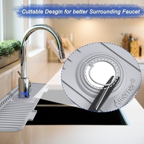 20 inch Kitchen Sink Splash Guard, 10° Large Slope & Adaptable Hole Faucet Mat for Kitchen Sink, Silicone Sink Organizer Sponge Holder for Kitchen, Bathroom, RV, Bar, 20” x 5.5”, Gray
