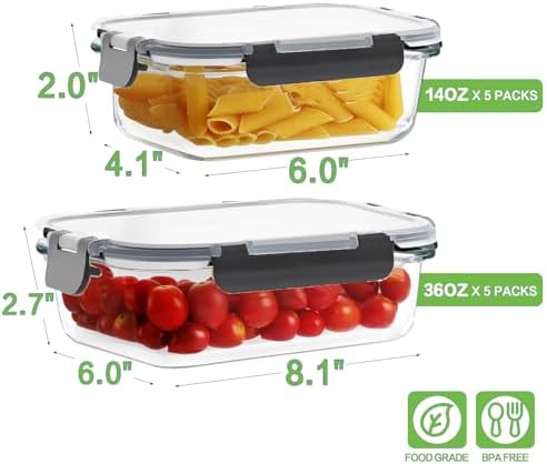 10-Pack Glass Meal Prep Containers, 36 oz/14 oz, Locking Lid Set