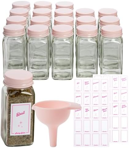 Glass Spice Jar Storage Set, 4-Ounce Empty Spice Jars with Labels, Shaker Caps and Metal Lids, Collapsible Funnel Included, 20-Piece, Pink