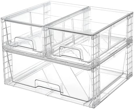 Clear Stackable Storage Drawers, 3 Pack Wide Organizer Set