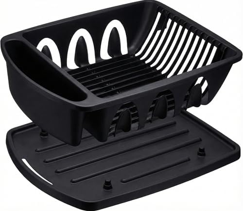 Sink Dish Drying Rack, Heavy Duty Hard Plastic Drying Rack, Dish Drainer for Kitchen Counter with Drainboard Set, with Silverware Holder - 18 x 13 x 6 (Black) - Made in USA