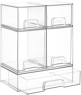 Clear Stackable Storage Drawers Set of 5, Plastic Organizer Bins