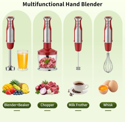 5-in-1 Immersion Blender Handheld 1000W, 6-Speed Hand Mixer, Red - Image 3