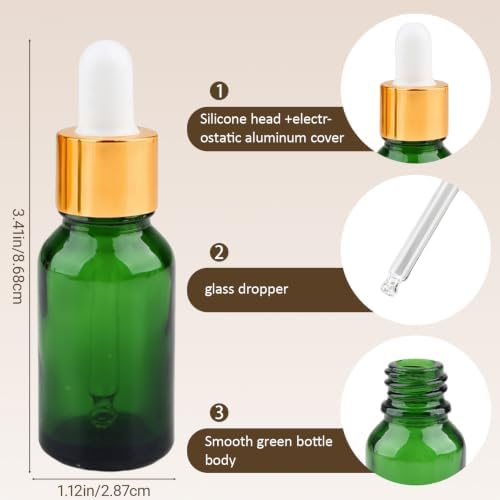 1/2 oz Green Glass Dropper Bottles,15ml Leakproof Tincture Bottles with Funnels, Eye Droppers, Labels, Refillable Empty Bottle for Tinctures, Essential Oils - Image 2