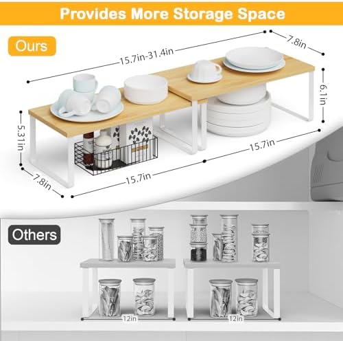Cabinet Shelf Organizers, 15.7 inches Large Kitchen Counter Shelf, Set of 4 Wood Kitchen Pantry Organizer, Storage Shelves for Countertop, Spice Rack, Stackable, Expandable, Metal White, Nature