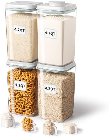 Airtight Food Storage Container with Pop Lid & 130ml Scoop, 4L/4.2qt *4 BPA-Free Cereal, Rice, Flour, Pasta & Snack Container, Stackable & Durable,Kitchen Pantry Organizer
