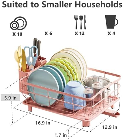 Auto Drain Metal Dish Drying Rack Dish Drainers, Pink