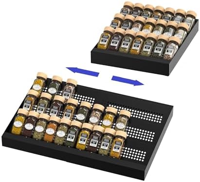 Expandable Metal Spice Drawer Organizer,3-Tier Slanted Seasoning Jars Tray for Kitchen Cabinet Drawers Insert/Countertop (Jars not included)-3Tier,2packs/Black