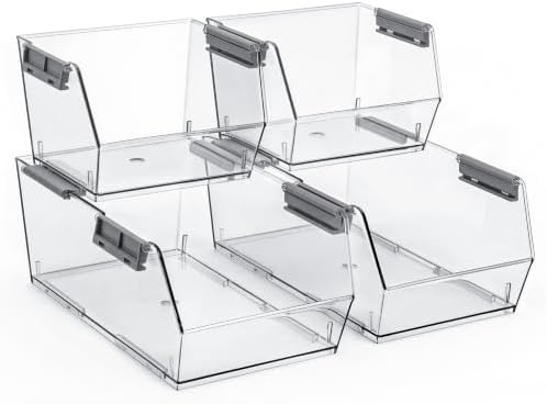 Set of 4 Stackable Storage Bins, 2 Large + 2 Small Clear Plastic Organizer Bins, Open Front Design for Kitchen Pantry, Fridge, Cabinet, Bathroom Organization and Snack Storage