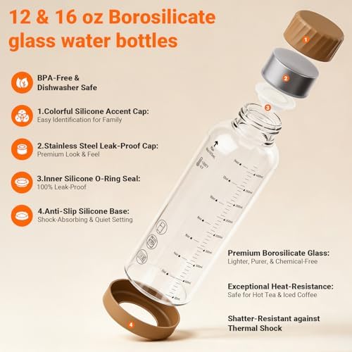 12 oz Glass Juice Bottles 4 Pack, Leakproof Borosilicate Glass Bottles - Image 3