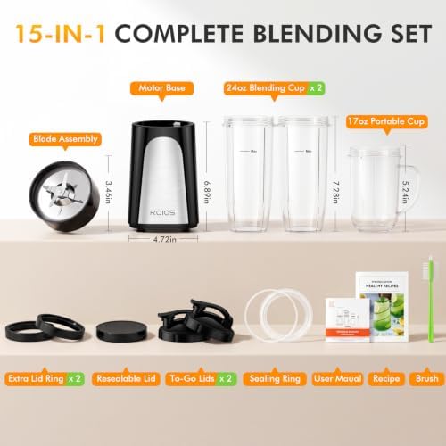KOIOS 1000W Smoothie Blender, 15-in-1 Single Serve Set, Press-Twist Design - Image 5