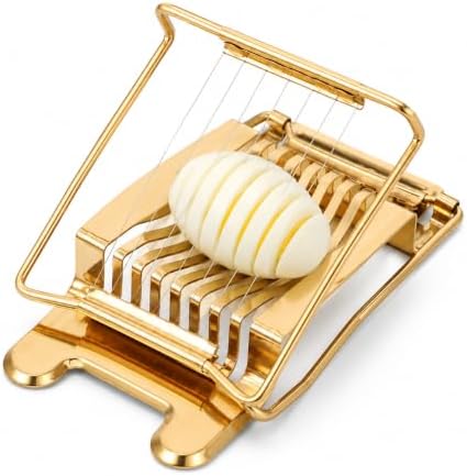 Stainless Steel Egg Slicer for Hard Boiled Eggs: Luxury Golden Metal strawberry Cutter Tool - Heavy Duty Strawberry Slicer & Mushroom Fruit Chopper Kitchen Gadget, Dishwasher Safe, 5.50"x3.65" by ULTECHNOVO