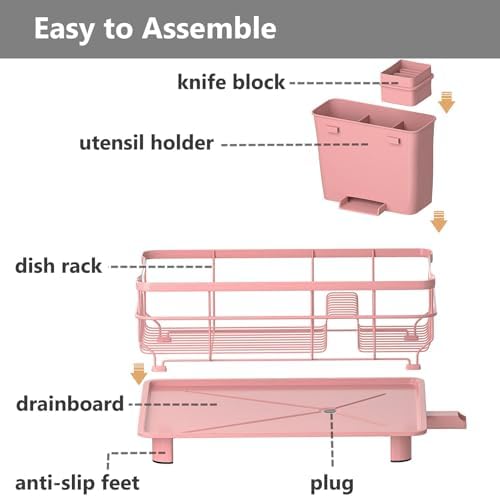 Auto Drain Metal Dish Drying Rack Dish Drainers, Pink