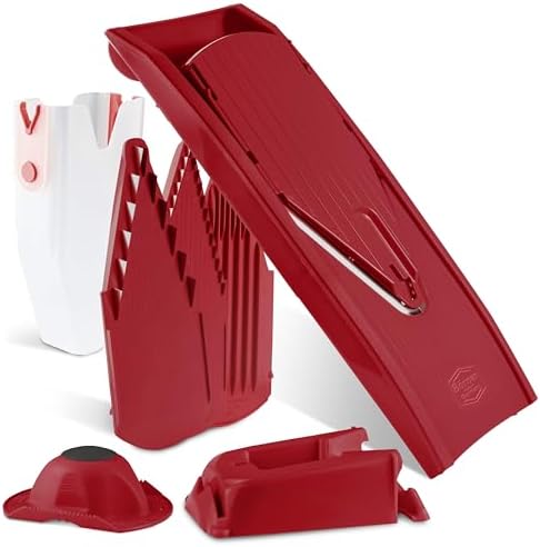 Mandoline Food Slicer Börner V1 (Profi Set) by Reston Lloyd • V-Slicer with 4 Inserts, Docking Station & Food Holder • Made in Germany • Fruit & Vegetable Chopper • Multiple Settings • Color: Red by B%C3%B6rner