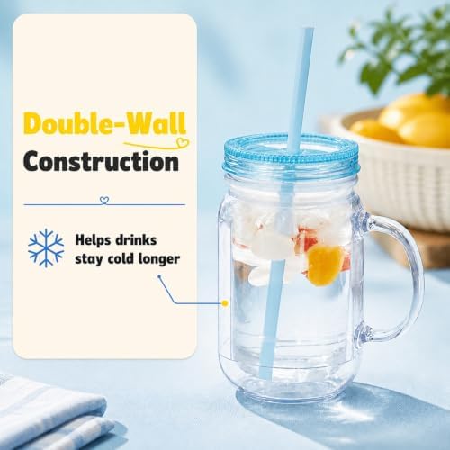 Plastic Mason Jars with Handles, Lids and Straws | 20 oz Double Insulated Tumbler with Straw | 4 Pack Set of 4 | Wide Mouth Mason Jar Mugs | Cups for Kids and Adults…