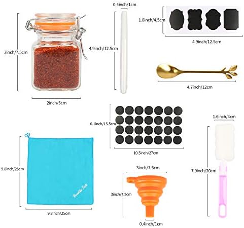 3.4 oz Small Glass Spice Jars with Lables, 24 Pack Empty Mini Square Spice Bottles with Airtight Flip Top Lids, Chalkboard Labels and Collapsible Funnel for Home and Kitchen