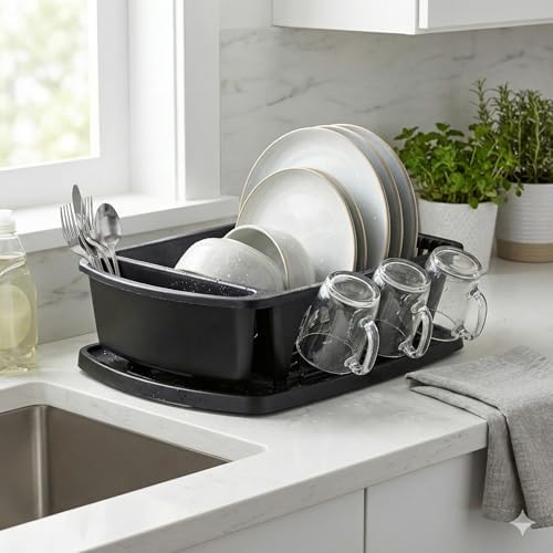 Sink Dish Drying Rack, Heavy Duty Hard Plastic Drying Rack, Dish Drainer for Kitchen Counter with Drainboard Set, with Silverware Holder - 18 x 13 x 6 (Black) - Made in USA