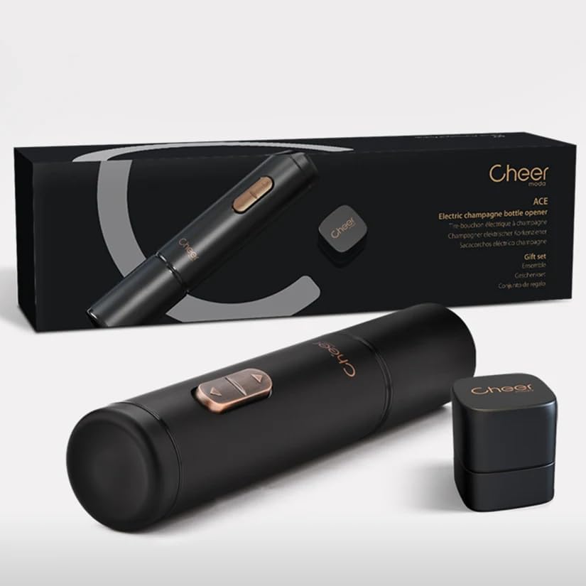 X Cheer Moda Electric Sparkling Wine Opener – Automatic Champagne Bottle Opener with Cork Release & Stopper – Stainless Steel Electric Wine Tool – Battery Powered – U.S. Exclusive