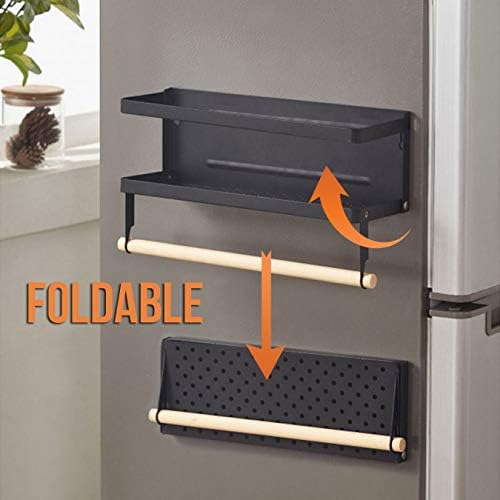 Magnetic Fridge Spice Rack- Space Saving Organizer Black Shelf on Refrigerator, Kitchen Paper Towel Holder, Foldable Design (Black-Small)