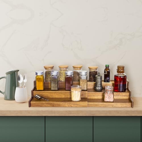 Acacia Wood 3 Tiered Spice Rack, 3 Tier Spice Organizer for Cabinet or Kitchen