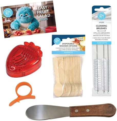 School Lunch Kitchen Gadget 5-Piece Gift Set – Includes Sandwich Spreader, Strawberry & Egg Slicer, Disposable Wood Spoons, Cleaning Brushes & Orange Peeler