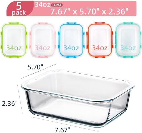 Glass Meal Prep Containers with Lids(5 Pack, 34oz)