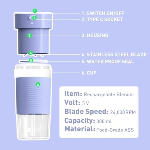 MIO Portable Blender for Smoothies, 10 oz Mini Personal USB-C Rechargeable Cordless Smoothie Maker & Handheld Protein Shake Blender, Quiet Small Travel Juicer for Office, Gym, Kitchen(Purple) - Image 3