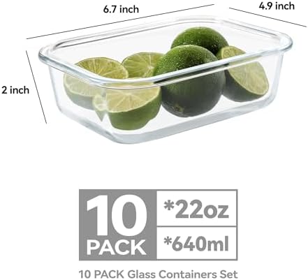 10 Pack 22 oz Glass Meal Prep Containers, Glass Food Storage Containers with Airtight Lids, BPA-Free, Freezer and Microwave Safe, White
