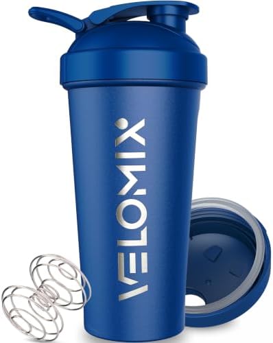 VELOMIX 24oz Stainless Steel Shaker Bottle with Wire Whisk (Steel-Blue) by VELOMIX