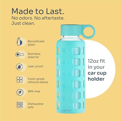 40oz / 32oz / 22oz / 12oz Borosilicate Glass Water Bottle with Time & Volume Markers, Silicone Sleeve, Stainless Steel Lid | Reusable Glass Bottle for Water & Juice