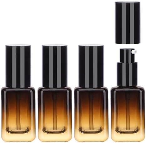 Segbeauty 1oz Glass Lotion Container for Oils, 4pcs 30ml Small Refillable Glass Pump Bottle Dispenser, Amber Empty Travel Size Foundation Pumping Bottle for Essential Oils Shampoo Face Wash Cream Gel by Segbeauty
