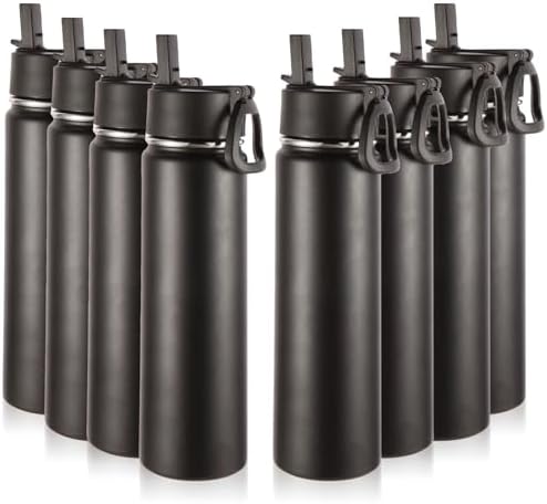 24oz Insulated Water Bottle with Straw Lid, Black, 8-Pack