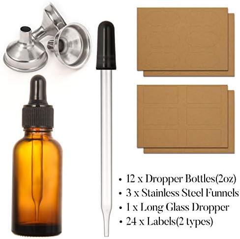 AOZITA 12 Pack, 2 oz Glass Dropper Bottle with 3 Stainless Steel Funnels & 1 Long Glass Dropper - 60ml Amber Tincture Bottles with Eye Droppers for Essential Oils, Liquids - Leakproof Travel Bottle - Image 2
