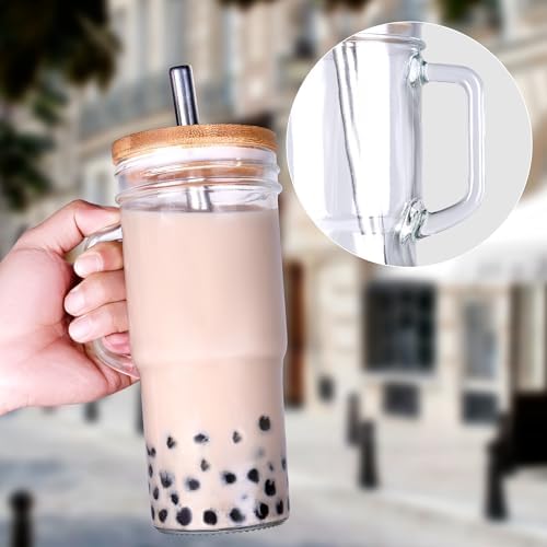 24oz Glass Cups with Lids and Straws - Glass Tumbler cup with bamboo lids and straw iced coffee cup