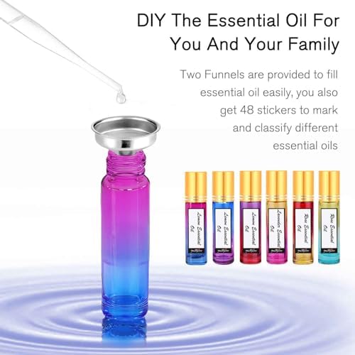 PrettyCare Set of 24, 10 ml Essential Oil Roller Bottles with Stainless Steel Roller Ball - Refillable Leak-proof Empty Thick Rainbow Glass Roll on Bottles with Metal Caps for Travel, Perfume - Image 3