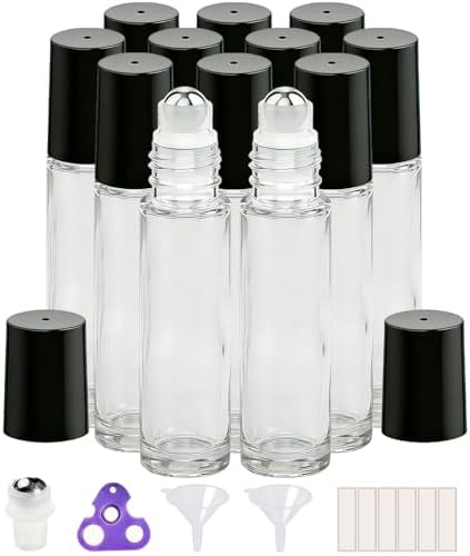PrettyCare 12 Pack, 10 ml Essential Oil Roller Bottles with Stainless Steel Roller Ball - Refillable Leak-proof Empty Thick Clear Glass Roll on Bottles with Black Caps for Travel, Perfume by PrettyCare