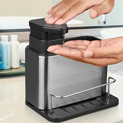 Soap Dispenser for Kitchen Sink, 3-in-1 Sponge Holder for Kitchen Sink Caddy, Stainless Steel Kitchen Sink Organizer Tray Drainer Rack, Rustproof Dish Soap Dispenser Brush Holder Countertop