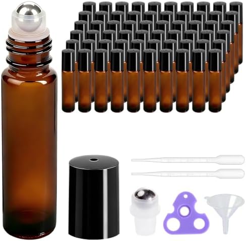 PrettyCare 60 Bulk, 10 ml Amber Glass Roller Bottles for Essential Oil with Stainless Steel Roller Ball - Refillable Leak-proof Empty Roll on Bottles with Black Caps for Travel, Perfume, Lab by PrettyCare