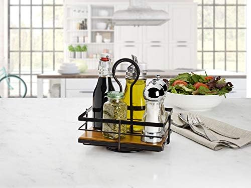 Nova Rotating Condiment Caddy, Handcrafted Iron and Acacia Wood Table Organizer with Spinning Platform and Carrying Handle, Contemporary Black Finish, 8.75 x 7 x 9.25 Inches