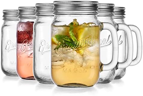 Mason Jar 16 Oz. Glass Mugs with Handle and Lid Set Of 6 Old Fashioned Drinking Glass Bottles Original Mason Jar Pint Sized Cup Set.