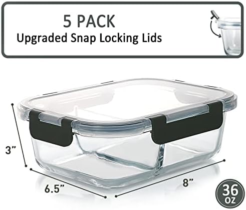 5 Pack,36 oz, 2 Compartments Glass Meal Prep Containers with Lids