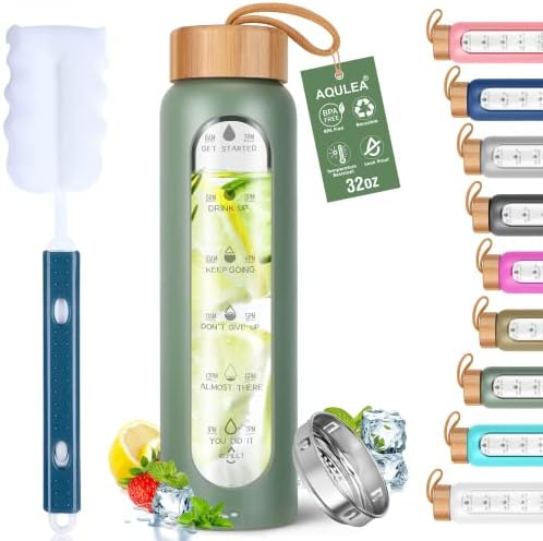Glass Water Bottles 32 Oz with Silicone Sleeve - BPA Free Reusable Wide Mouth Glass Motivational Water Bottles with Fruit Infuser – Leak Proof Borosilicate Water Bottle with Time Marker (Green)