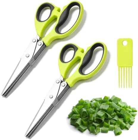 Multipurpose 5 Blade Herb Scissors with Cleaning Comb,Kitchen Herb Shears Herb Cutter with Cover and Cleaning Comb for Chopping Basil Chive Parsley Cool Kitchen Gadgets，Green-2pc