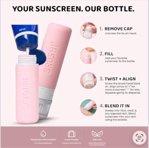 Brushi® Patented Sunscreen Applicator – Refillable Squeezable Bottle with Soft Blending Brush, Mess-Free Sunscreen Applicator for Face & Body, Adults & Kids, Travel Size 3 oz (Go Pink) - Image 6