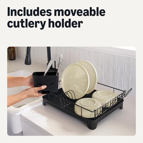 Dish Drying Rack for Kitchen Counter, Stainless Steel Dish Rack with Drainboard, 15.2 x 11.6 x 4 in., Black