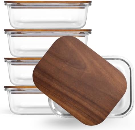 Glass Meal Prep Containers with Acacia Wood Lids, 5-Pack 21 oz / 2.5 Cup Small Glass Lunch Containers with Lids, Borosilicate Snack & Sauce Containers, BPA-Free Plastic-Free, Aesthetic