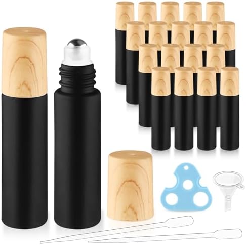 20 Pack 10ml Black Frosted Glass Roller Bottles with Wood Grain Caps Roll-On Containers for Massage Oils and Lotion by BOSMIOW
